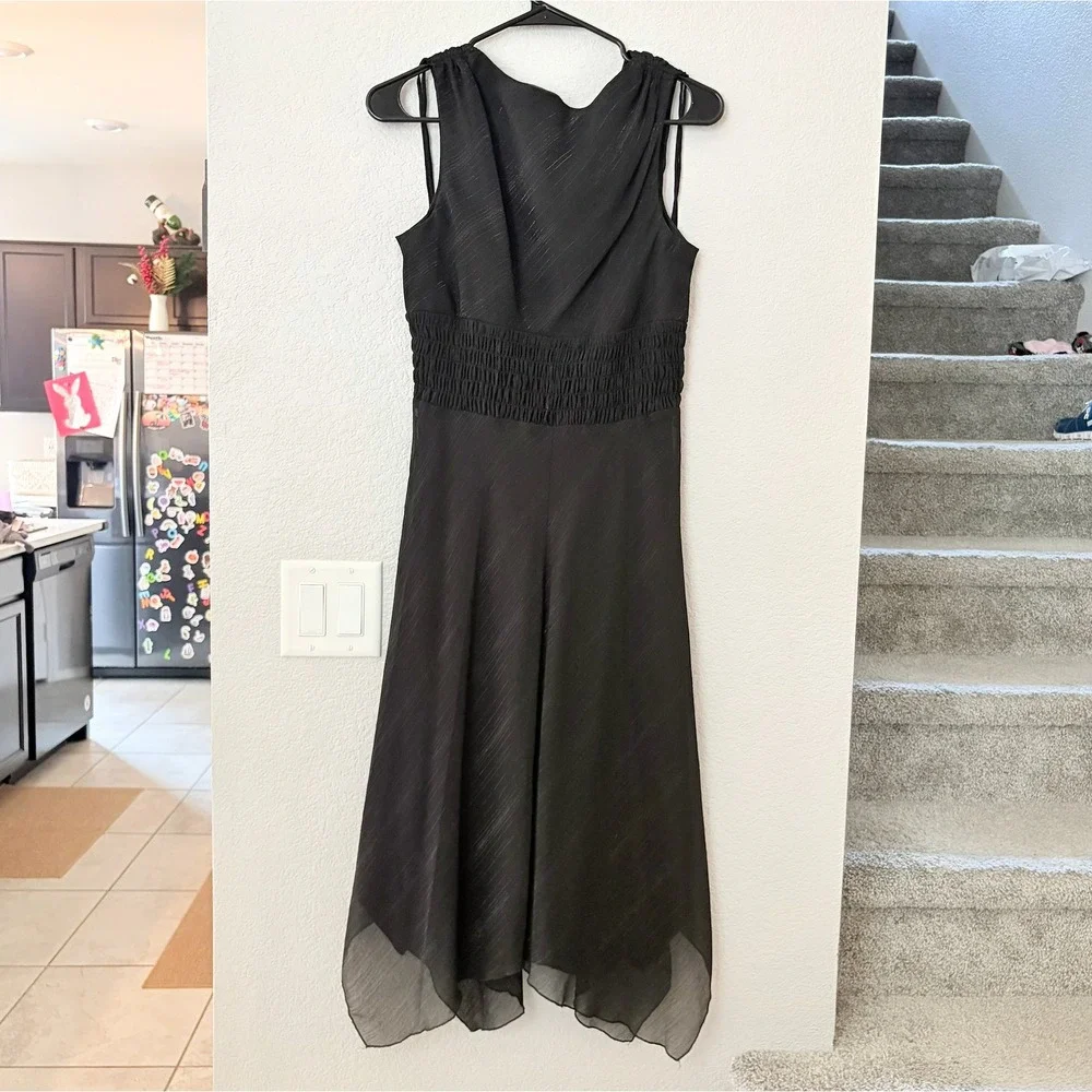 Bisou Bisou Black Metallic Pinstripe Smocked Waist Handkerchief Hem Dress SIZE 8